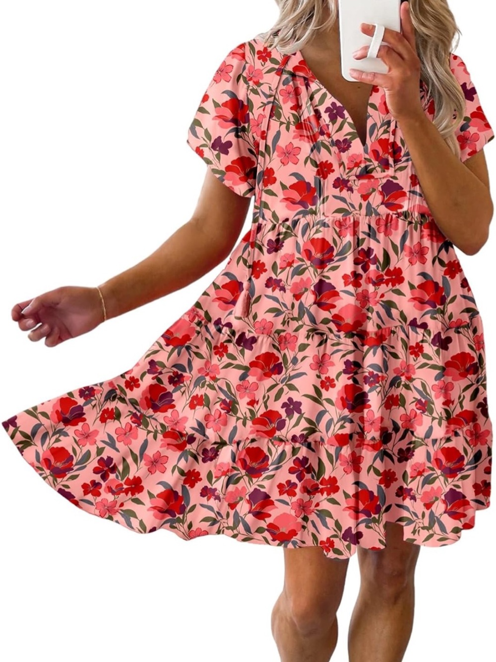 Dokotoo Pink Floral V-Neck Short Sleeve Sundress
